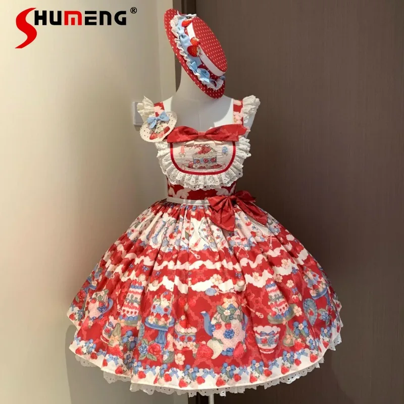 

New Japanese Style Strawberry Print OP Long Dress JSK Lolita Original Design Daily Wear Rojita Dresses Kawaii Clothes For Ladies