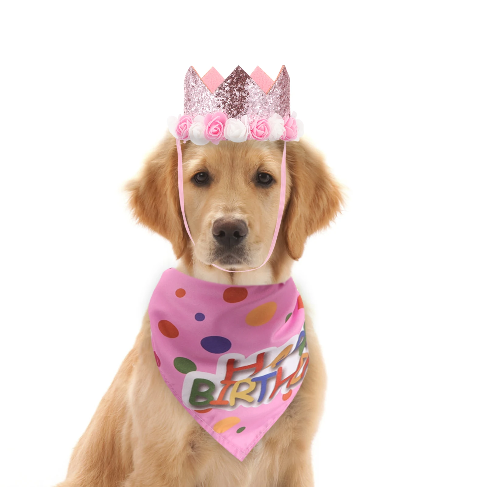 

Pet Birthday Crown Tulle Dress Saliva Cloth Pink Set for Dog Cat Party Decorations Adjustable Bandana Comfortable Easy Clean