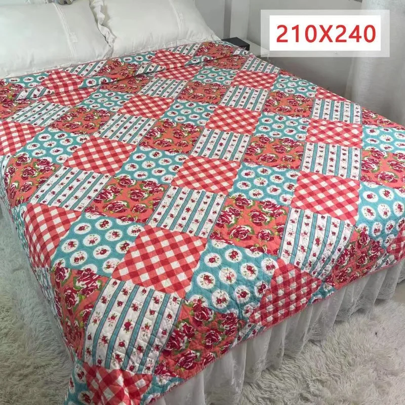 

Colorful Grid Quilted with Plain Weave Pastoral Style Double-sided Sandwich Cotton Quilted Bed Cover