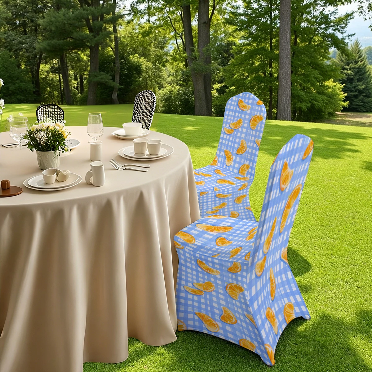 2D Stretchable Full - Coverage Chair Cover, Blue Gingham & Orange Slice Print, Elastic Hotel/Home/Outdoor C