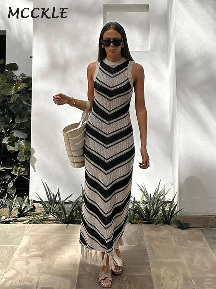 Knit Striped Patchwork Tassels Dress Women Slim O-neck Sleeveless Bodycon Midi Dresses 2024 Spring New Female Street Robes