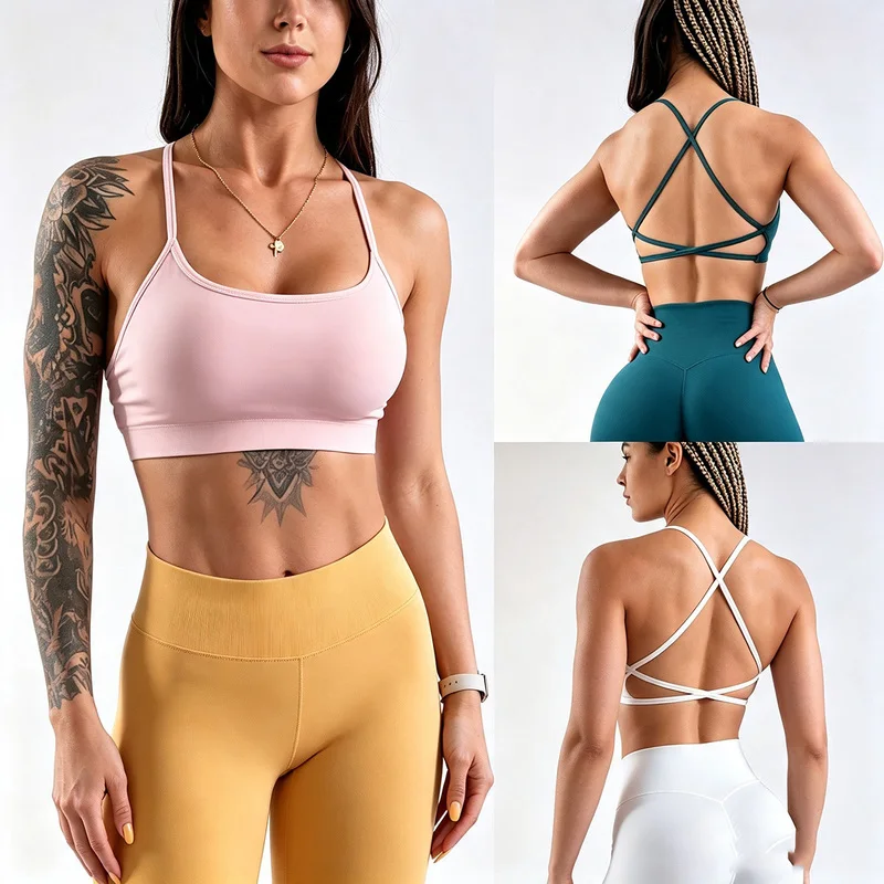 Denyf Backless Sports Bra High Support Fitness Underwear Back Cross Gym Crop Top Women Training Running Workout Seamless Bras