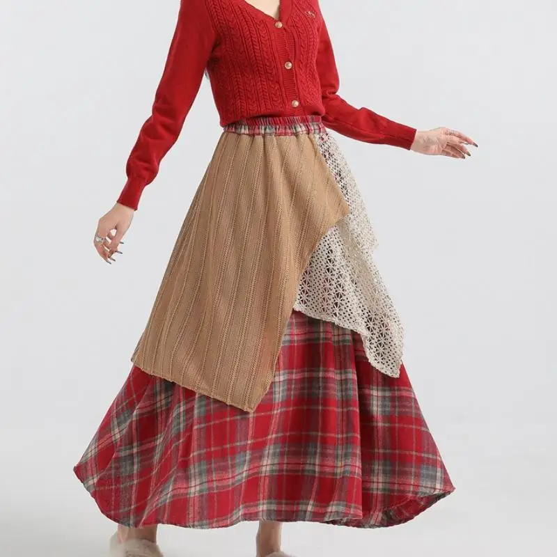 Forest Style Retro Women's Half Skirt New Autumn Winter Spicy Girl Irregular Splicing High Waisted A-Line Long Skirt Versatile