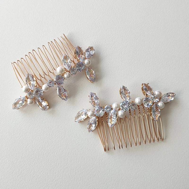 Sparkling Rhinestone Women Headpiece Hair Comb Bridal Zircon Stone Pearl Side Combs Hair Accessories