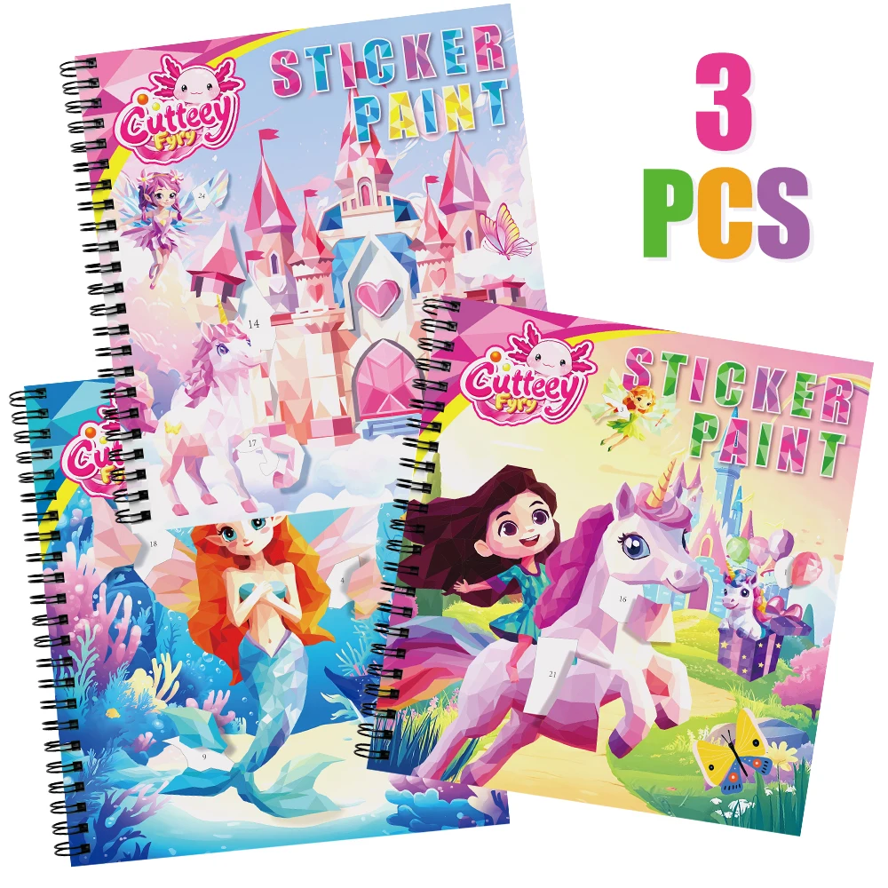 

3 шт., наклейки с историями красок для детей от 4 до 10 лет, единорог, русалка, животные, дизайн, наклейка с краской по номерам, подарки для девочек