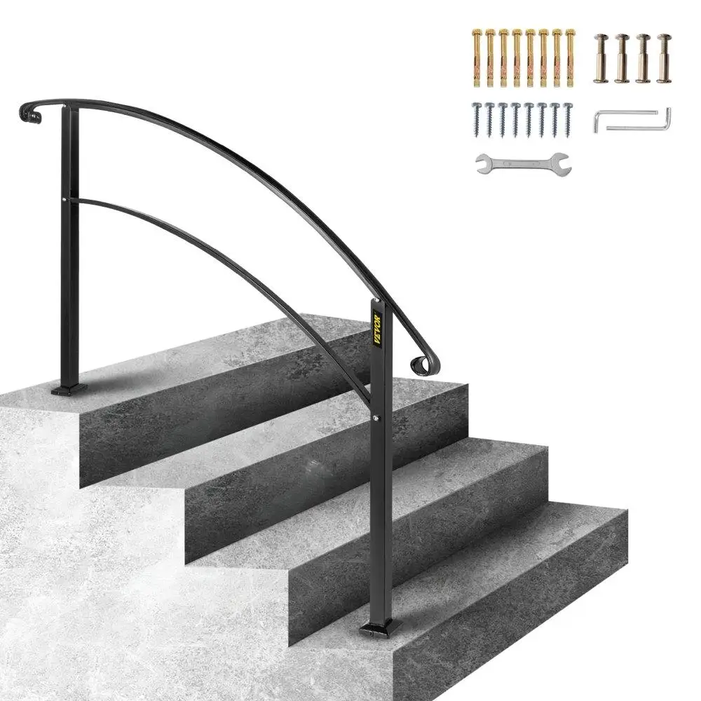 4-Step Handrail Fits 1 or 4 Steps Matte Black Stair  Wrought Iron Handrail with Installation Kit Hand Rails for outdoor