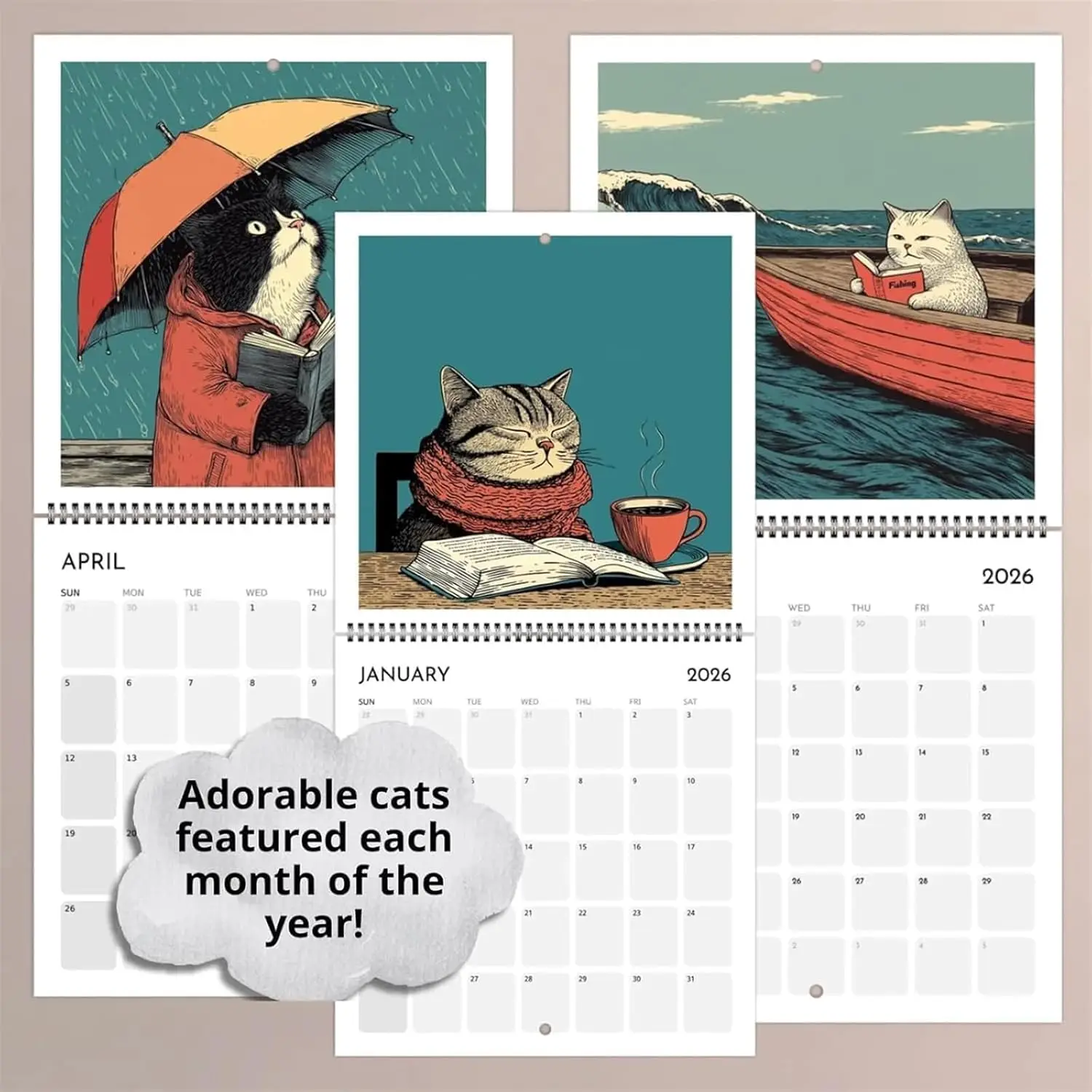 Calendario de escritorio retro con diseño de gato, calendario decorativo de mesa 2026, organizador de planificador opcional para montar en la pared, F7950