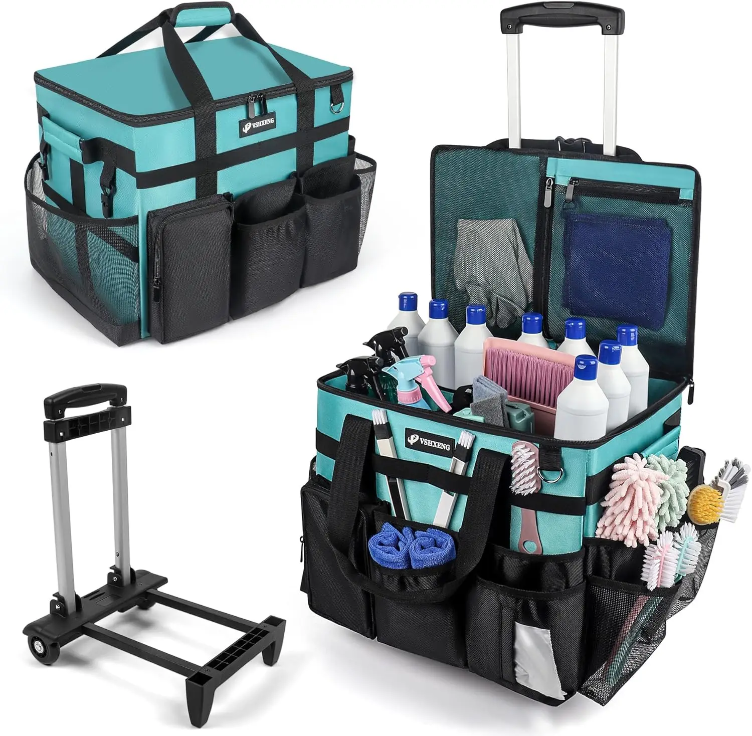 

Большая роликовая чистящая корзина с колесами, съемной тележкой и несколькими карманами для хранения