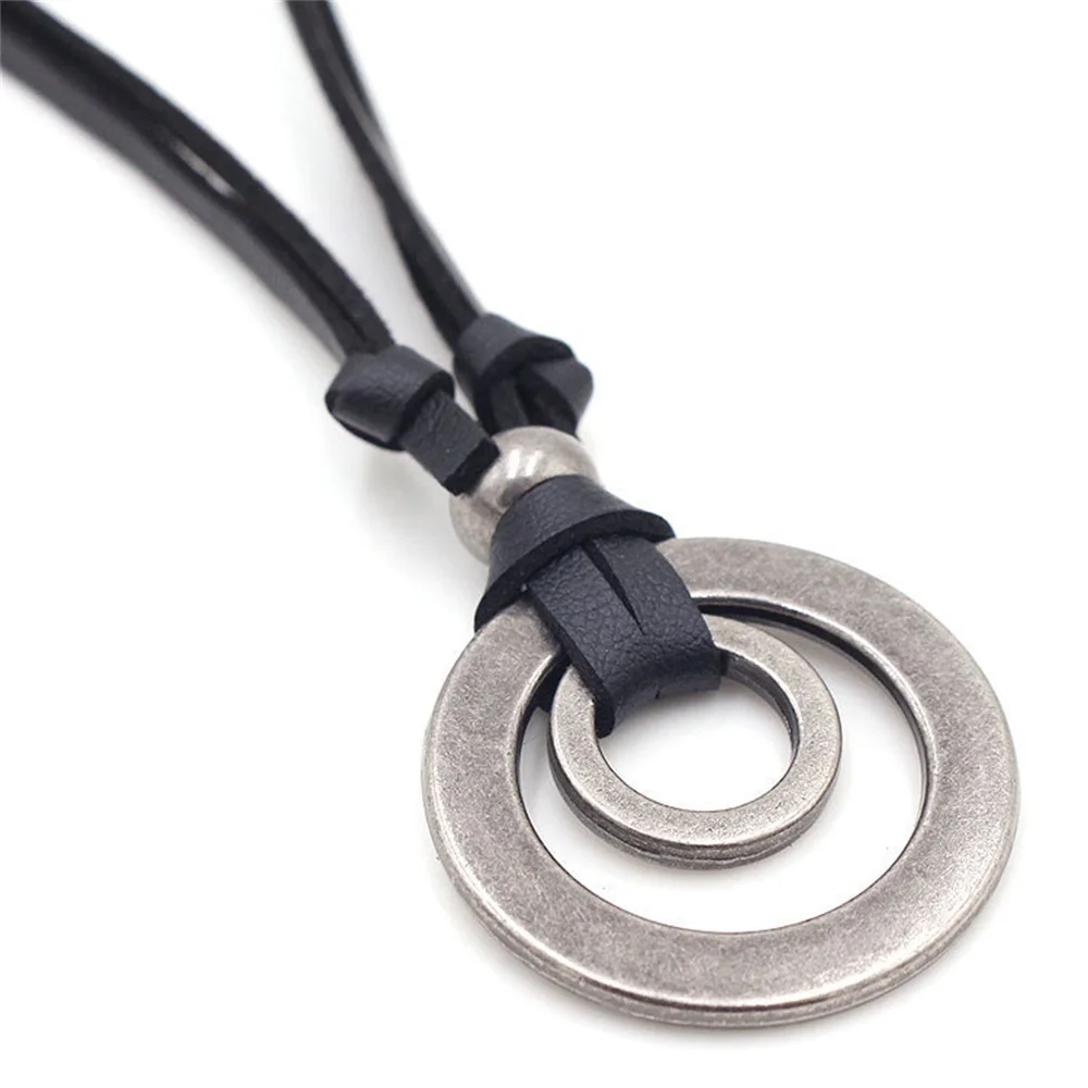 Vintage Retro 1Pc Leather Cord Necklaces Double Circle Pendants Necklace For Women Men Fashion Jewelry Gifts