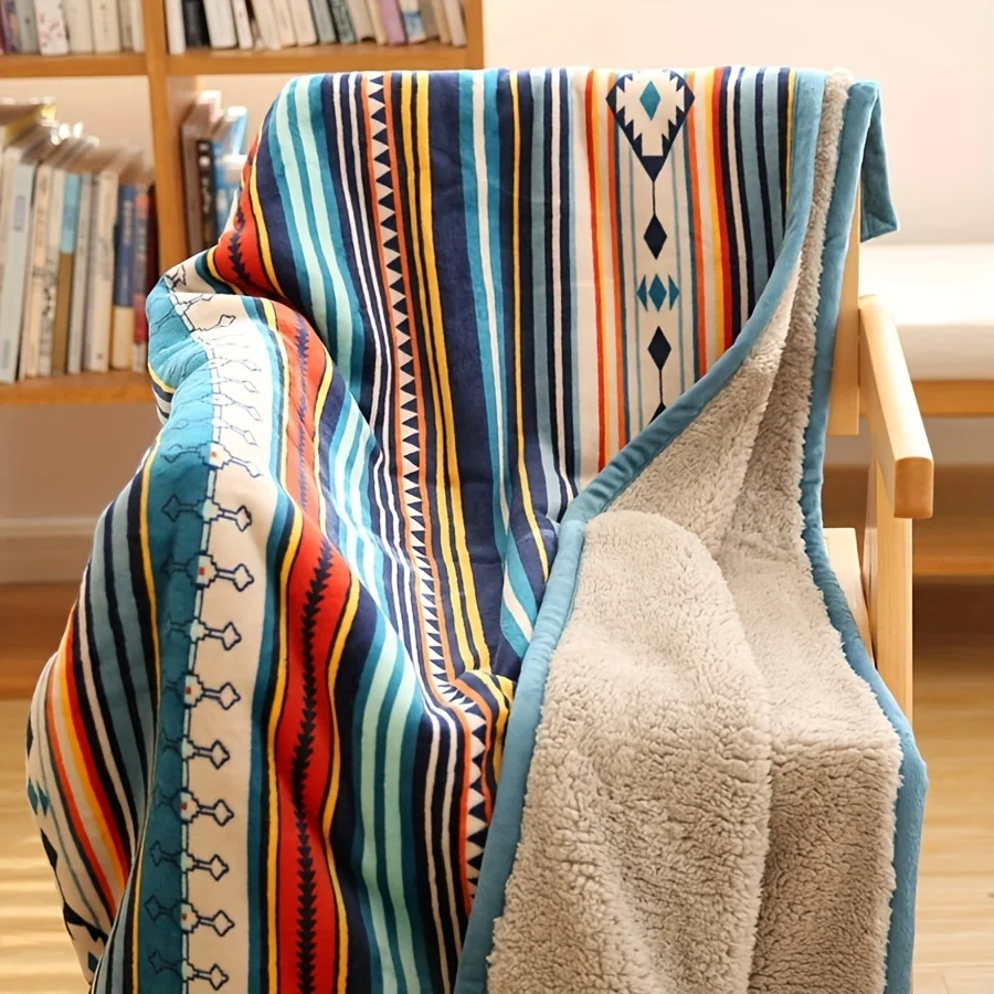 

1pc Nordic Color Stripe Printed Bohemian Style Fleece Blanket, Double Layer Thickened Warm Blanket, For Sofa Couch Bed Camping