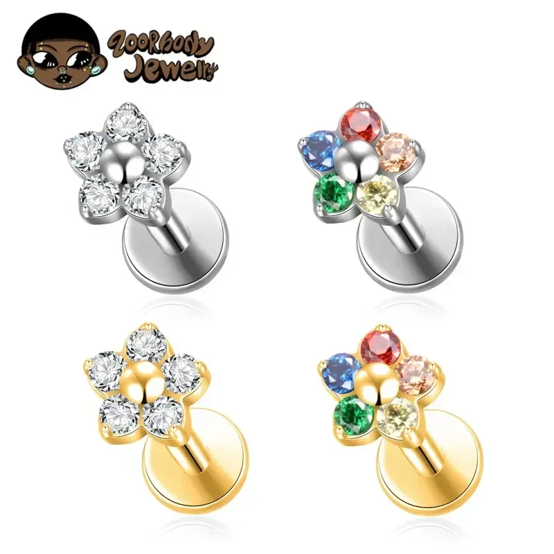 G23 Titanium Colorful Flower Lip Piercing Women 16G 18G Snowflake Heart CZ Tragus Cartilage Helix Conch Daith Earrings Piercing