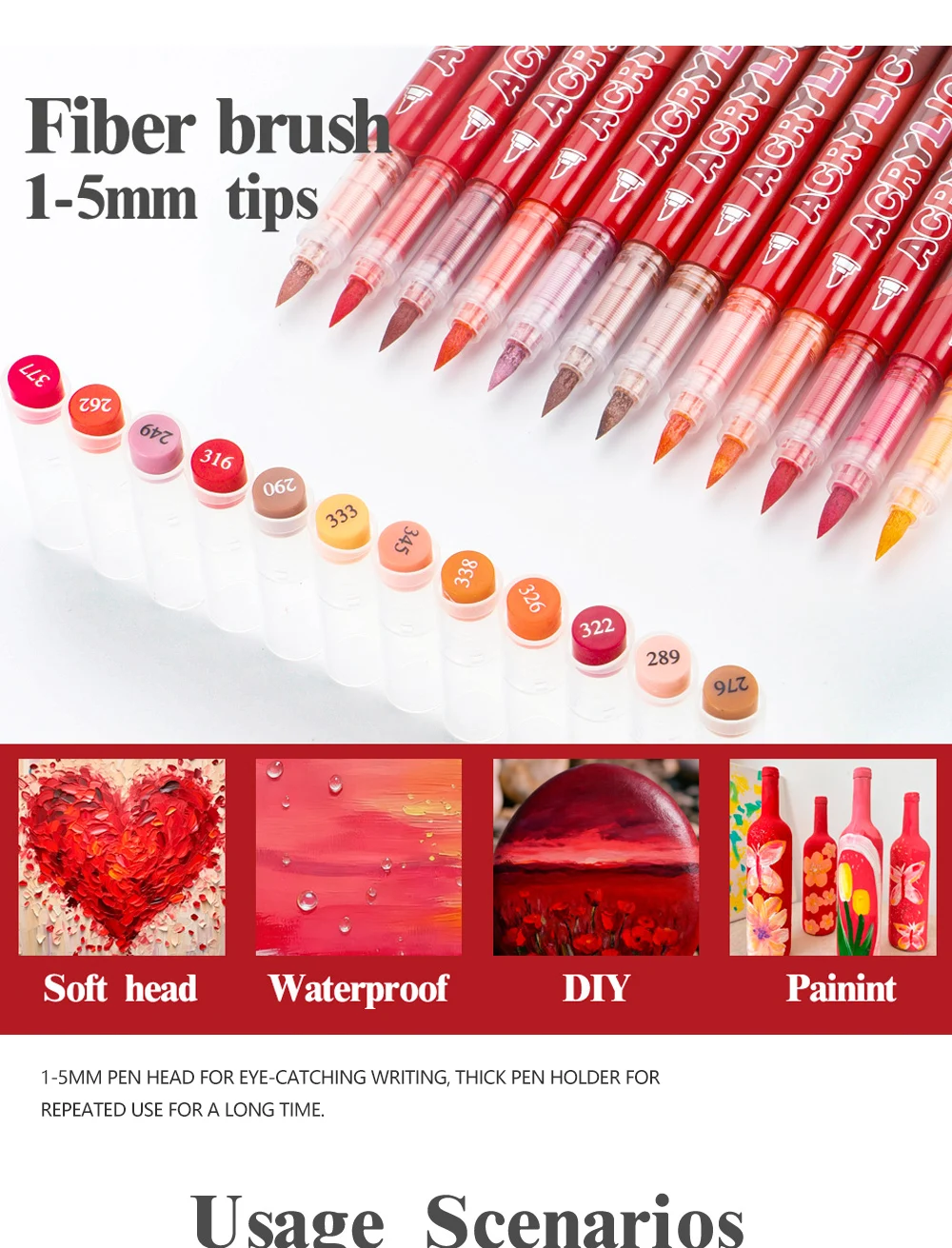 12 Colors Acrylic Markers Red Series Soft Pen Tip for Christmas Painting Comic Drawing Coloring DIY CD Shoes Stone Art Supplies