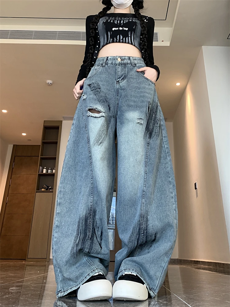 

Женские повседневные джинсы с нестандартными пятнами от грязи и дырками, крутая уличная одежда с высокой талией для девочек, модные брюки, женские винтажные джинсовые брюки