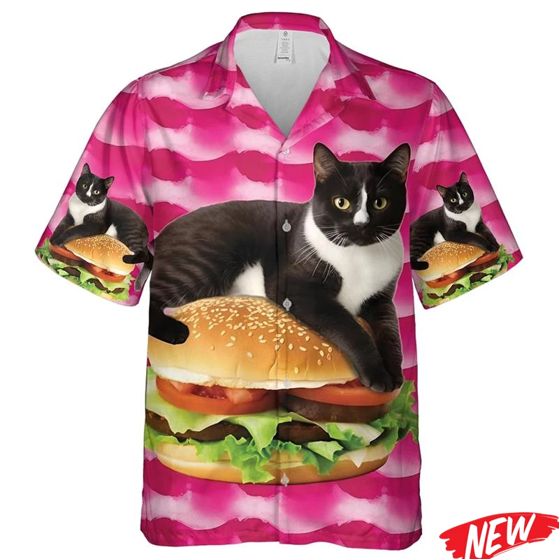 Camisetas Engraçadas com Estampa 3D de Gato para Homens e Mulheres, Camisa Havaiana com Padrão Animal, Manga Curta, Casual, Blusas Oversized.