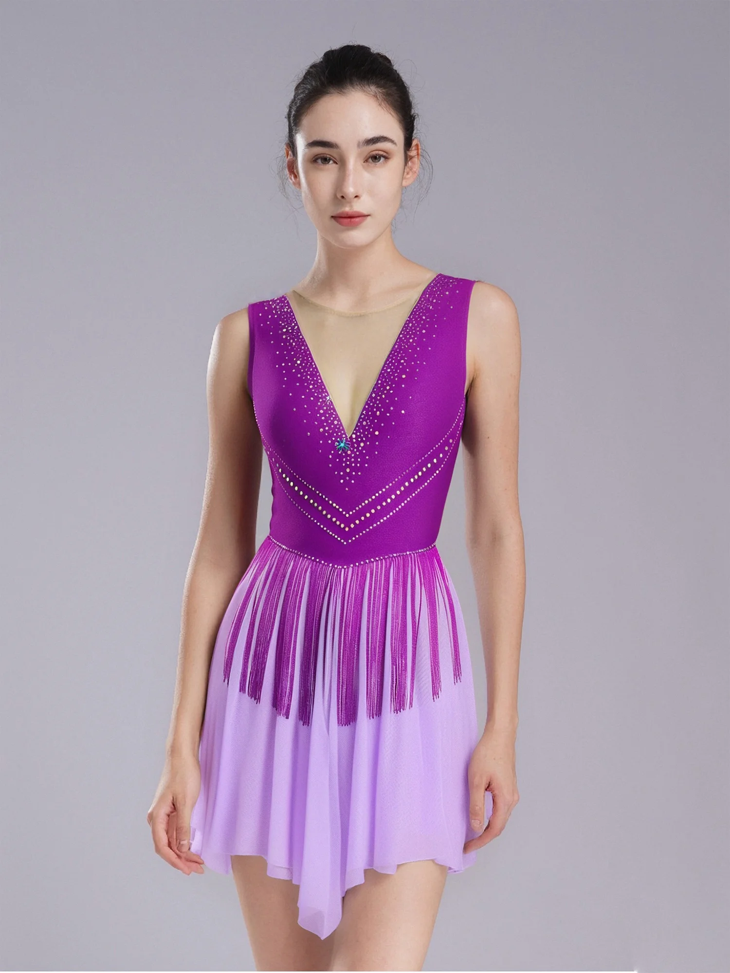 Womens Figure Skating Dress Rhinestones Tassel Sleeveless Contrast Color Mesh Leotard Dress Ballet Latin Rhythmic Dance Dresses