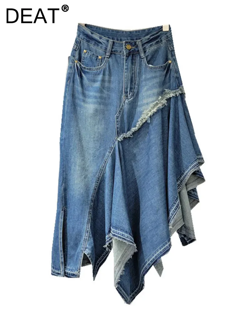 DEAT Women's Denim Skirt High Waist Patchwork Irregular Burrs Split Washed Female Blue Skirts 2025 Spring New Fashion 29L7315