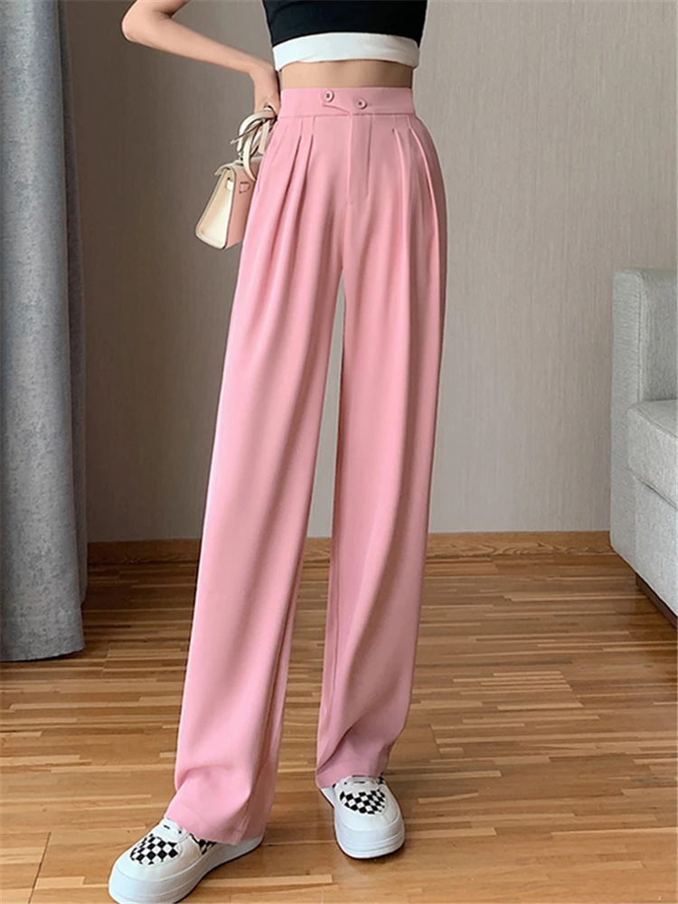 Seoulish Summer High Waist Solid Wide Leg Women\'s Pants 2022 New Buttons Female Elegant Minimalism Straight Loose Trousers