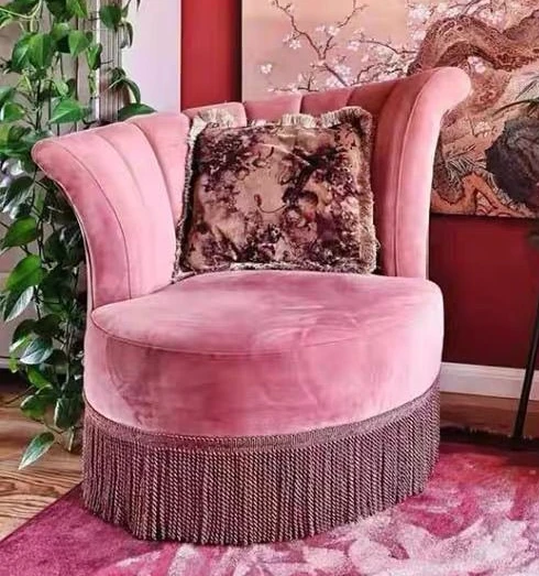 French fabric design, solid wood single sofa, vintage tassel, home living room sofa chair