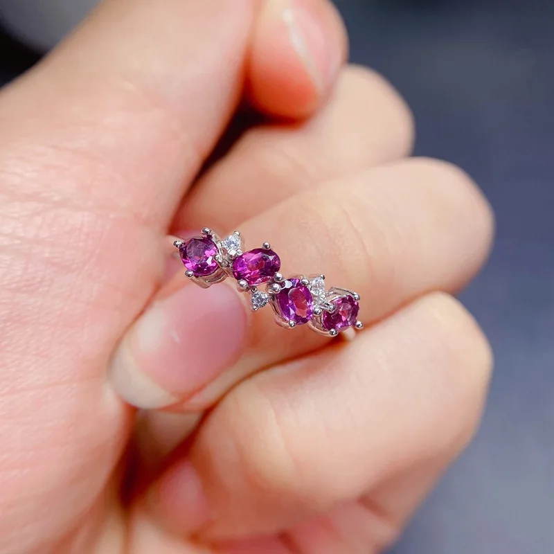 YULEM Natural Rhodolite Garnet Ring for Women Band Stackable Birthstone Fine Jewelry 925 Sterling Silver Good Gift Character
