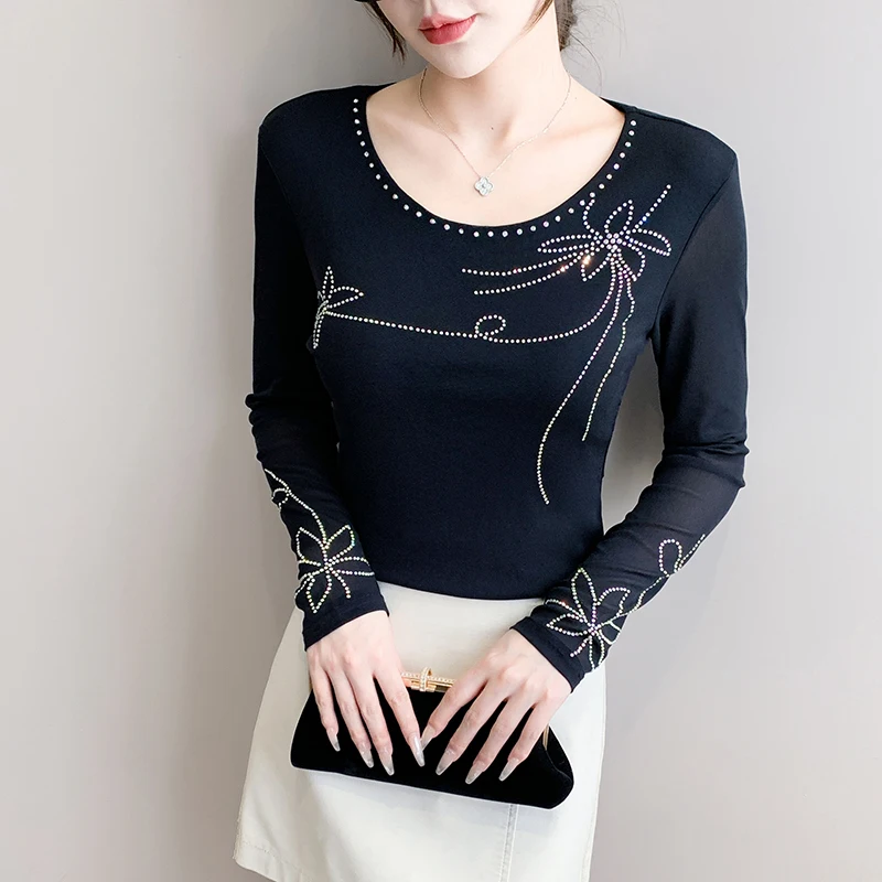 Elegant Round-Neck Dance Top with Delicate Rhinestone Details Women Stretchy Lightweight Mesh T-shirts Spring Autumn