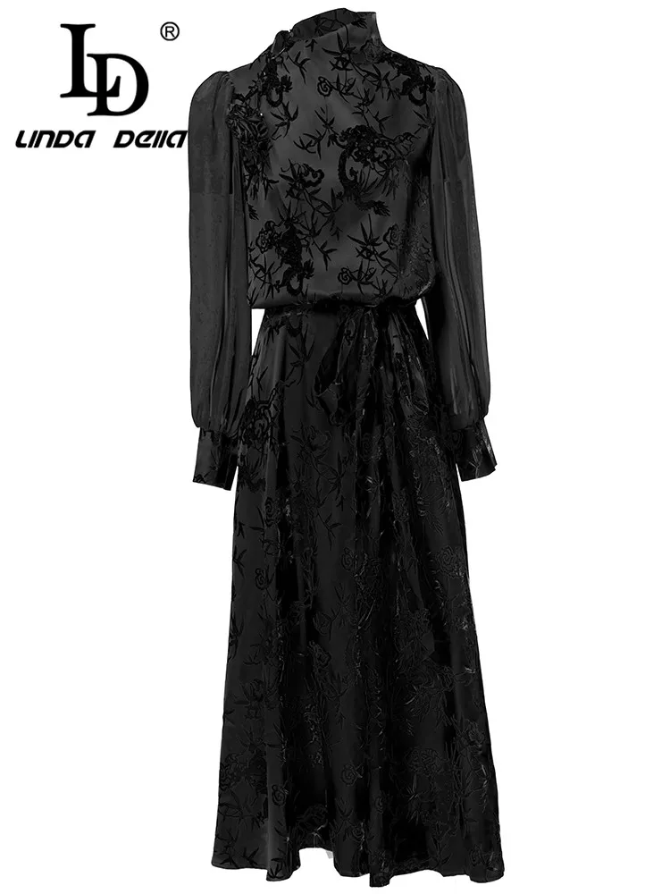 LD LINDA DELLA Fashion Designer Spring Dress Women's 3D Flower Lantern Sleeve Print Lace-Up Slim A-line Black Long Dress