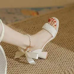 Female Sandal 2025 Women's Block Heels Ladies Shoes Summer Buckle Strap Girls New Chunky Comfort High Pearl Fashion Beige Clear