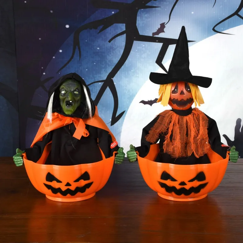 Halloween Props Pumpkin Witch Fruit Plate Electric Sound and Light Sensing Candy Bowl Haunted House Tricky Decorative Ornament