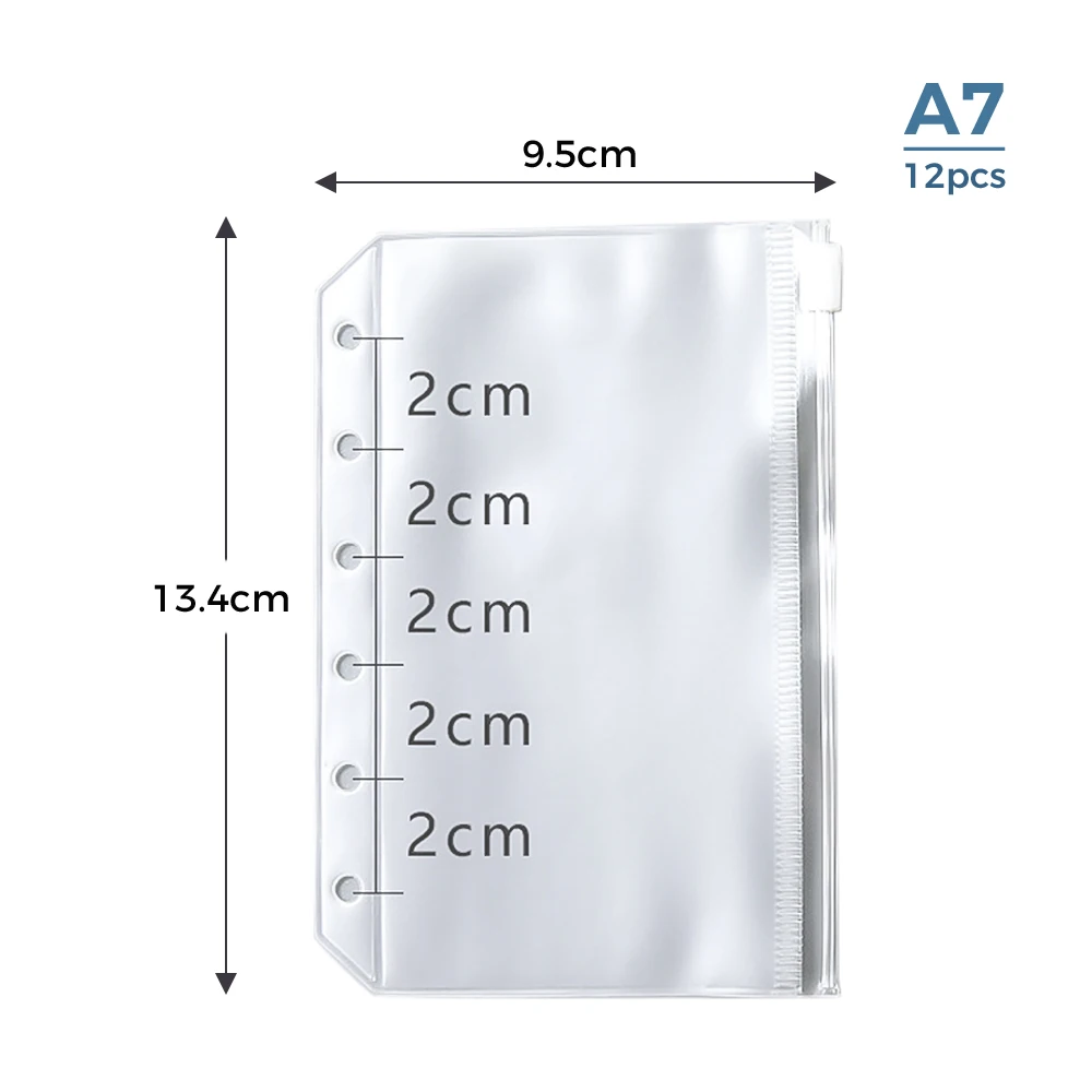 Limpar PVC Zipper Pastas com Buraco, convenientes Binder Bolsos, 6-Ring Notebook Binder, Arquivos Relatórios, A5, A6, A7