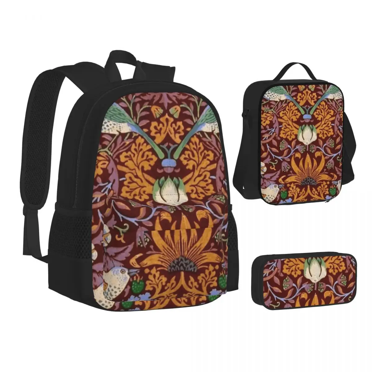 William Morris The Strawberry Thief Red Backpacks Bookbag School Bags Children Rucksack Lunch Bag Pen Bag Three-Piece Set