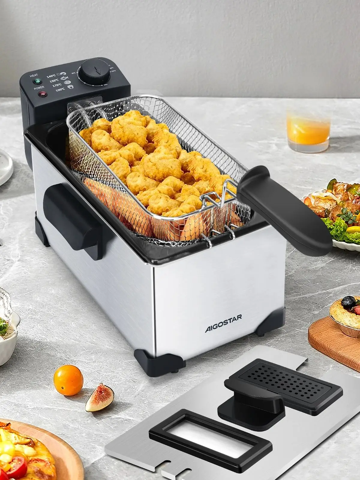 Aigostar Fritteuse 3L， 2200 W， Transparenter Deckel， Herausnehmbare Innenpfanne， Einstellbarer Thermostat， Wedelstahl， BPA-frei