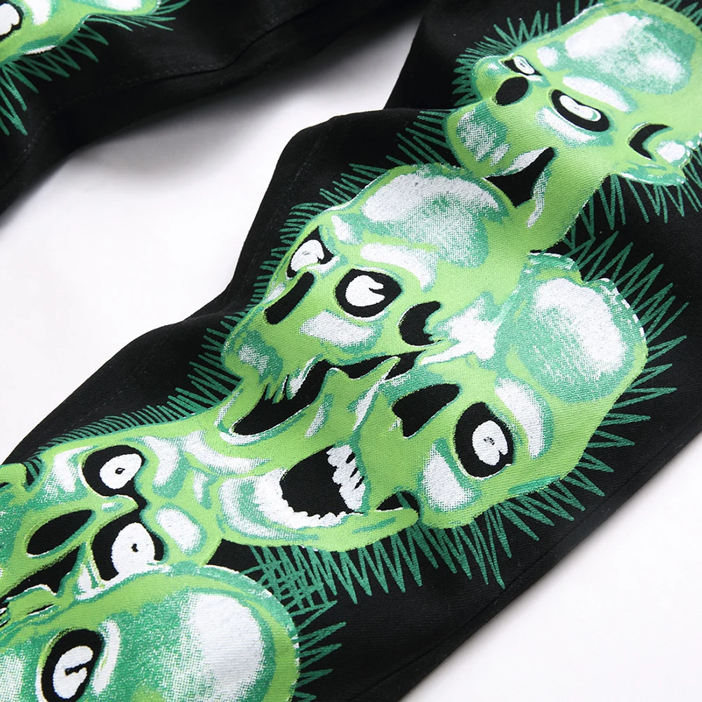 Men's Skull Print Jeans Gothic Black Stretch Spandex Denim Pants Punk Hip Hop Slim Straight Trousers view 4