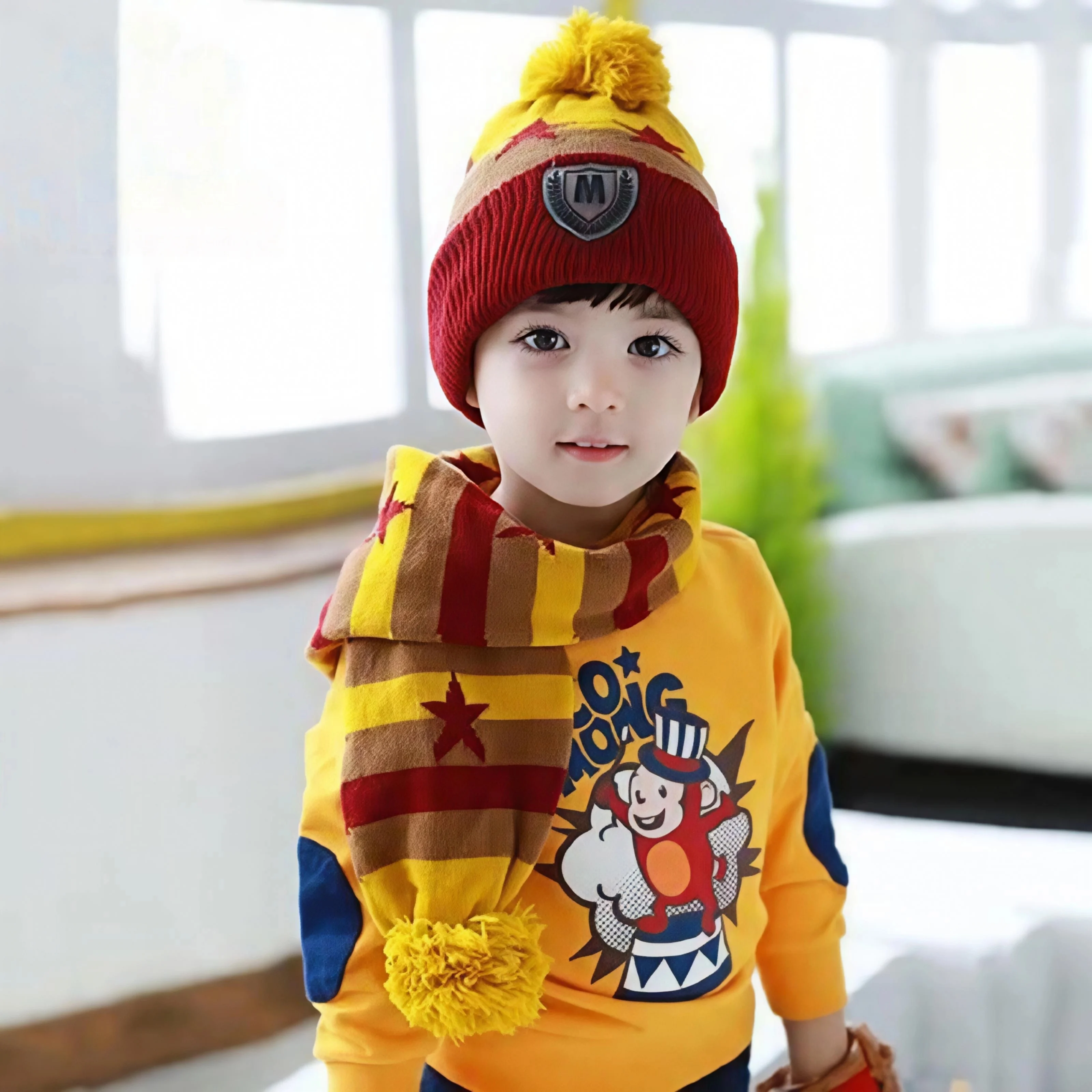 Set Topi dan Syal Rajut Hangat untuk Anak Usia 1-3 Tahun, Topi Rajut Lembut untuk Musim Gugur dan Musim Dingin, Topi Bayi untuk Anak Laki-laki dan Perempuan