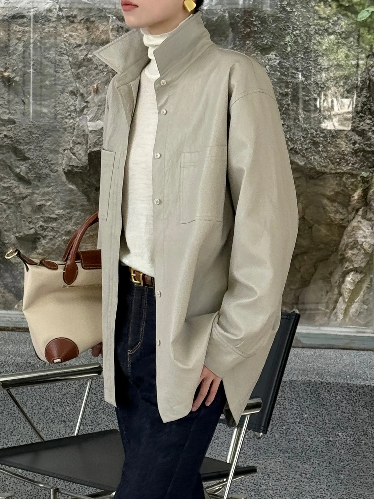 

Jieji Zhang Qi Women's Casual Long Sve Collared Leather Jaet Spring Faionable mat Sle Versatile Youth Commute...