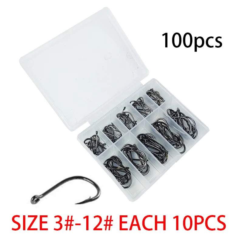 100Pcs/box #3~#12 High Carbon Steel Hooks, Sport Circle Silver Fishing Hooks