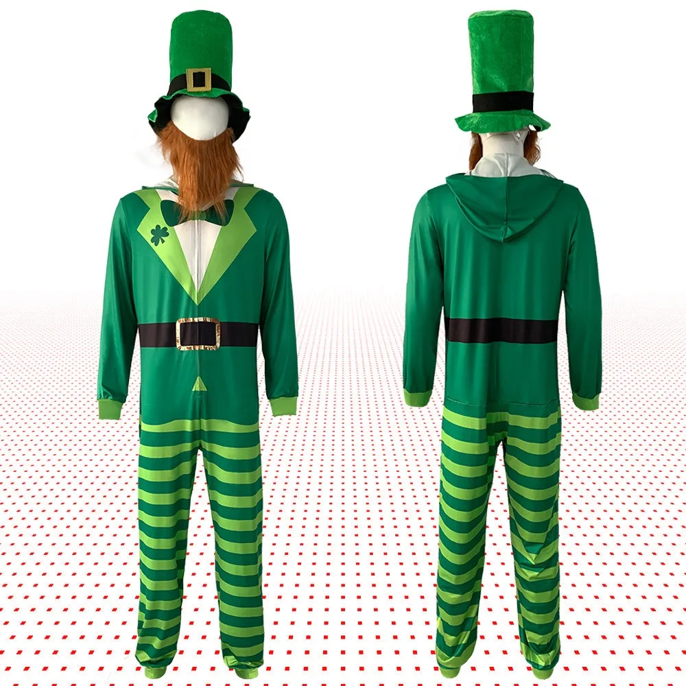 

St. Patrick's Day Cosplay Costume Adult Green Jumpsuit Hat Beard Full Set St Pat Role Play Bodysuit National Carnival Party