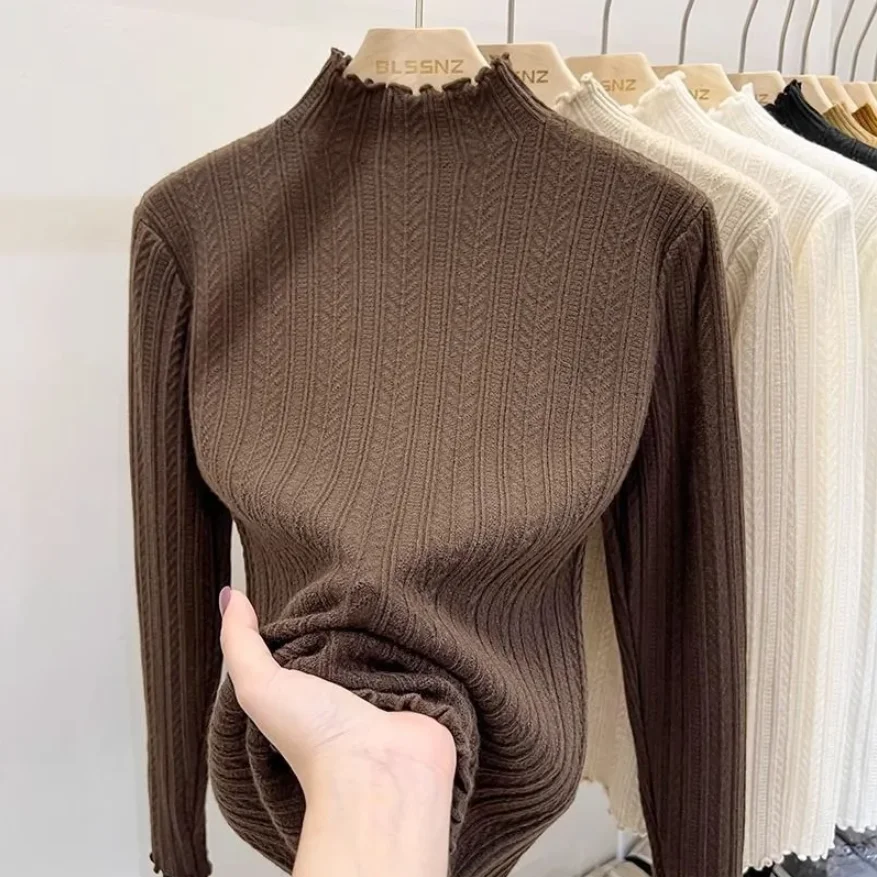 Jesienno-zimowa szykowna dolna część swetry moda damska sweter z golfem wąska z długim rękawem swetry z dzianiny miękki ciepły Pull Femme Top