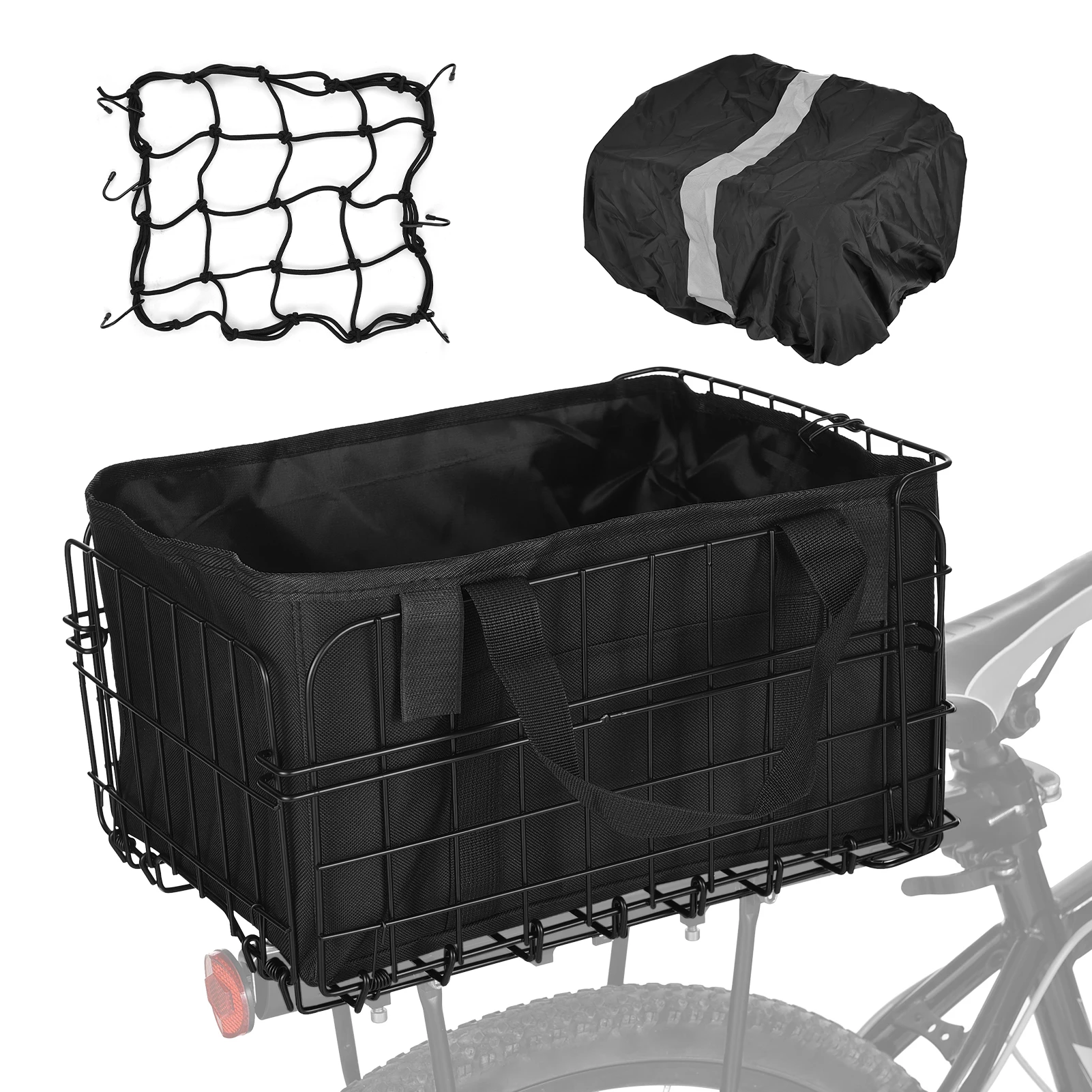

Folding Rear Bike Basket 60L with Removable Liner Bag Rain Cover Net Bag Quick Release Metal for Carrying Dogs Pets Grocery