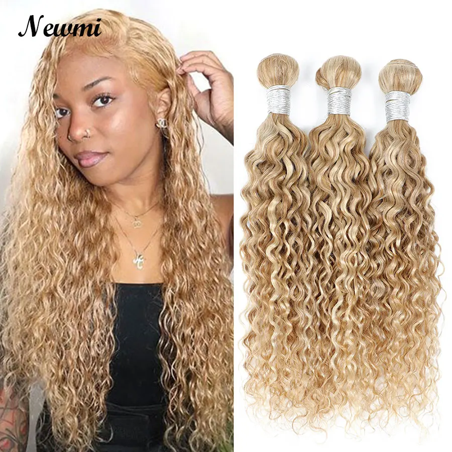 P27/613 Water Wave Bundles Highlight Human Hair Bundles Honey Blonde 8 -30 Inch Deep Curly 1 3 4 Pcs Wet and Wavy Weave Weft