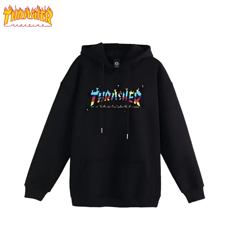 THRASHER Flame Same Hooded Sweater Street Trendy Brand Men and Women Couple Pure Cotton Velvet Jumper