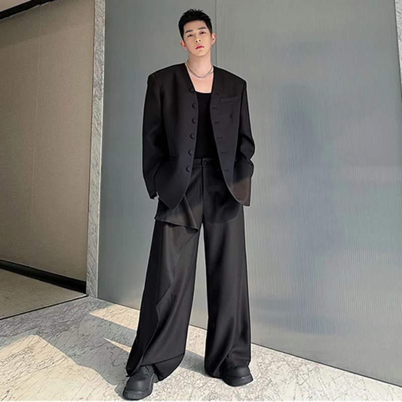 PFNW Male Sets Vintage Solid Color Pockets Men Suit Jackets Personality Double-deck Style Men\'s Wide Leg Pants Spring New 9C4987