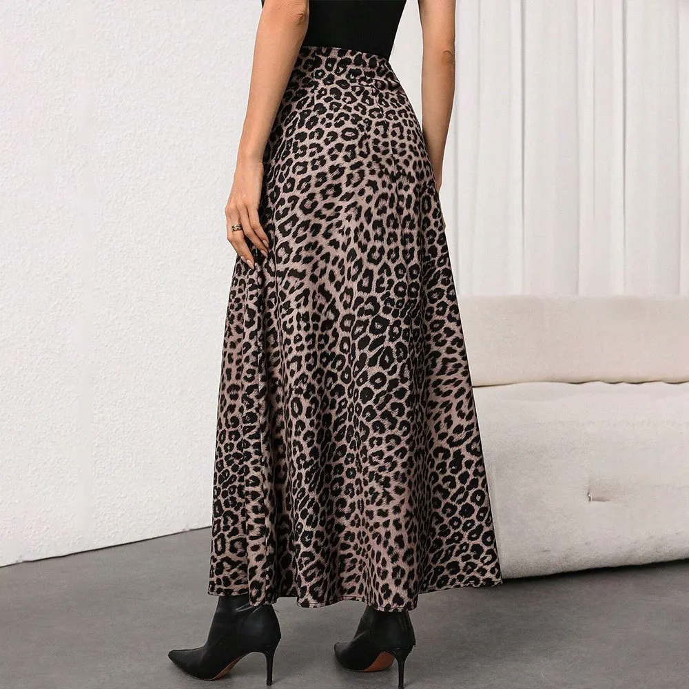 Women Fashion Leopard Print Skirts Vintage Stain High Waist Midi Skirts Women Casual Streetwear Dress Skirts
