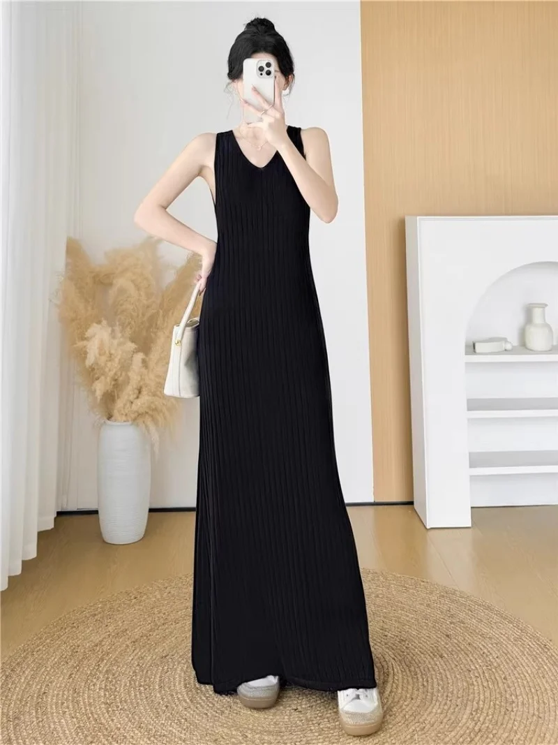 X-Long V-Neck Sleeveless Suspender Ice Silk Knitted Dress Summer New Collection Slim Fit Tank Top Long Dress For Women w468