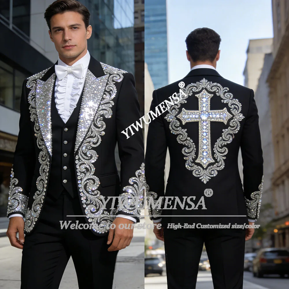 

Мужские костюмы класса люкс с блестками, пайетками и бисером, свадебные пиджаки на заказ, комплекты из 3 предметов, наряд для банкета, приталенный крой, для красной дорожки