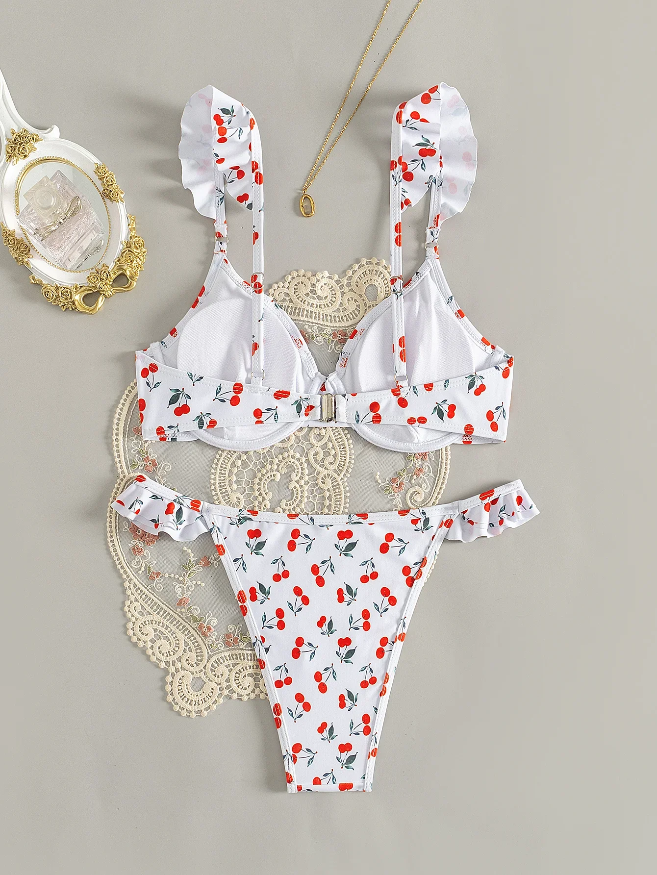 Sexy White Cherry Print Bikini Set Women Ruffles Push Up Underwire Swimsuit 2025 Brazilian Beach Bathing Suit Thong Swimwear
