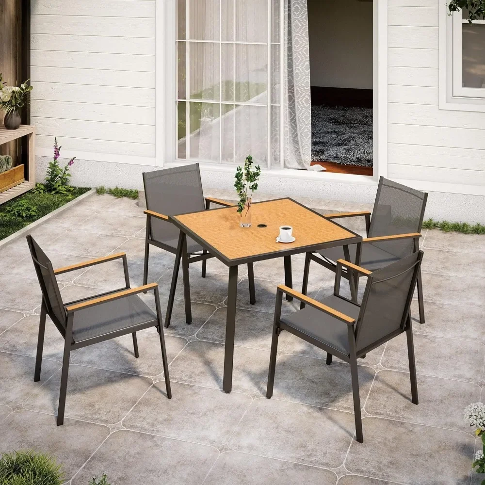 5 Pieces Outdoor Dining Set, Patio Furniture Set of 4 Chairs with Square Metal Slatted Table with Umbrella Hole,Conversation Set