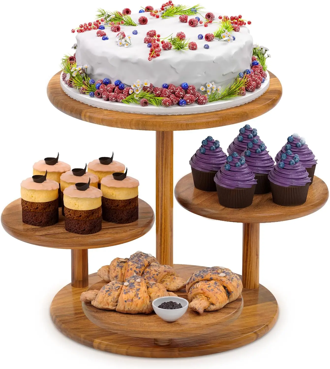 50-Cupcake Capacity 4 Tier Round Tower: Wooden Cake Stand with Tiered Tray, Farmhouse Decor for Birthdays, Graduations, Showers