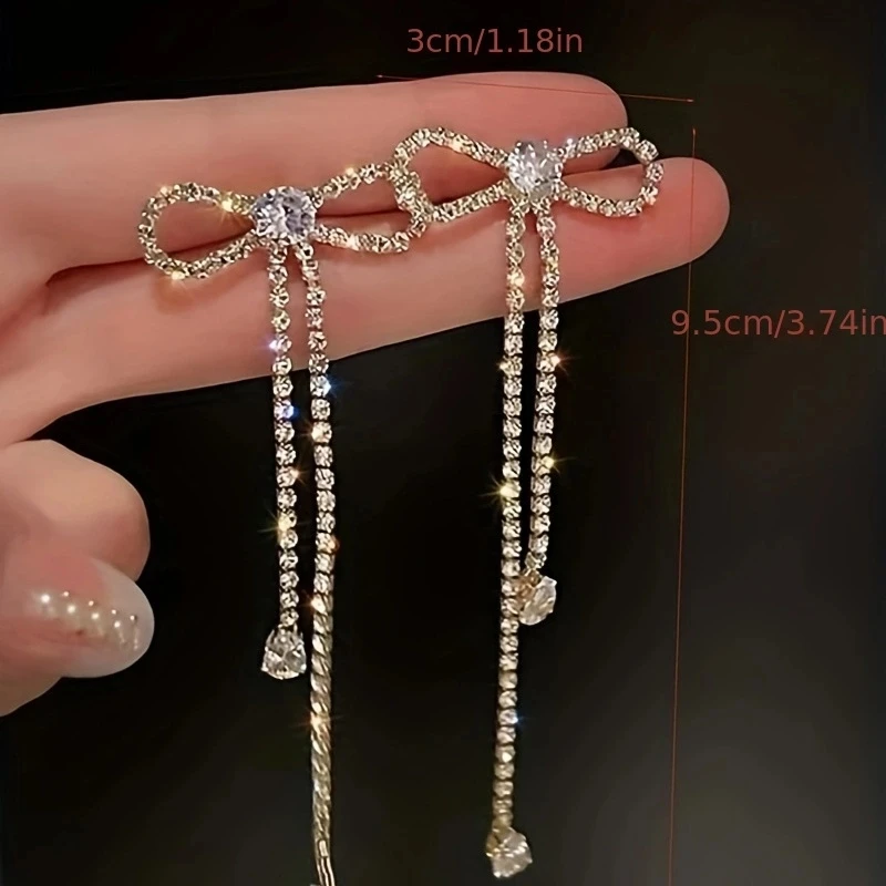 1 Pair Fashion Rhinestone Bow Drop Earrings