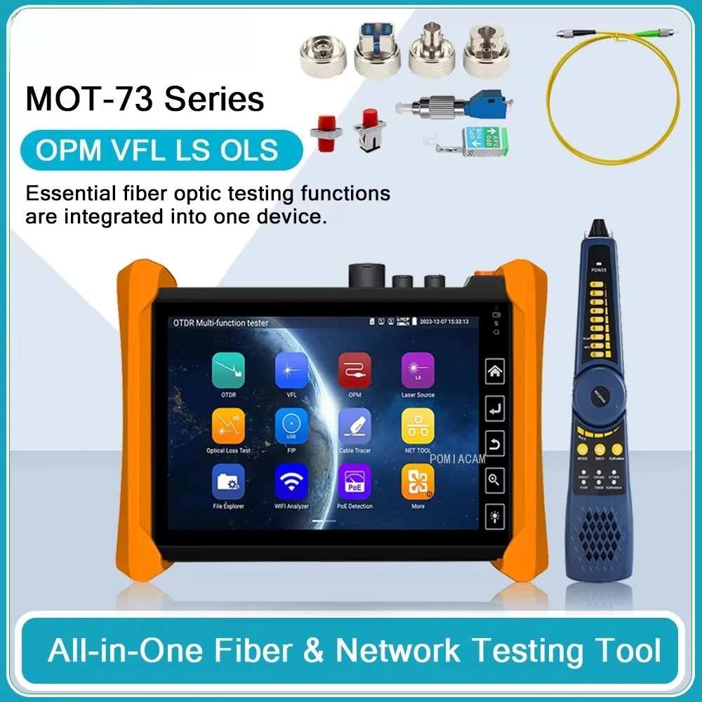 MOT-73 OTDR Tester 1310/1550nm 28/26dB 7" Touch Screen with VFL OPM Light Source Optical Loss Test RJ45 Cable Network Tools