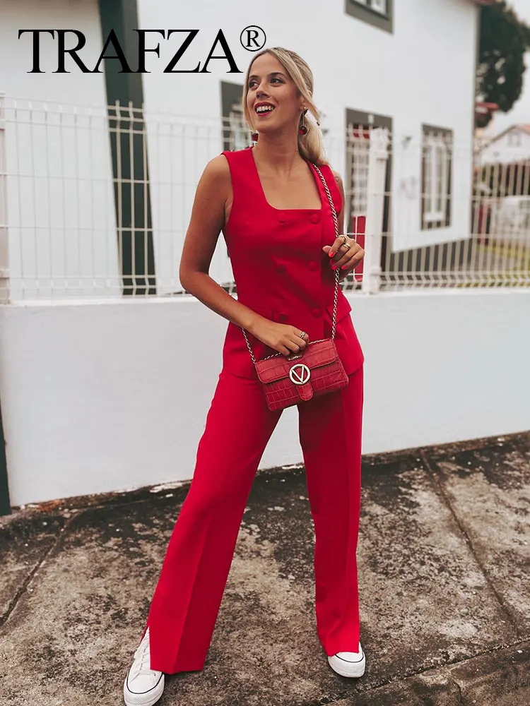 TRAFZA Summer Female Solid Trousers Set Square Collar Double Breasted Vest Top + High Waist Commute Woman Wide Leg Long Pant