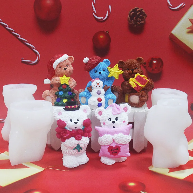 Snowman Gift Holding Flower Bear Gypsum Silicone Mold Frozen Ice Block Beverage Chocolate Dropping Gel Silicone Mold